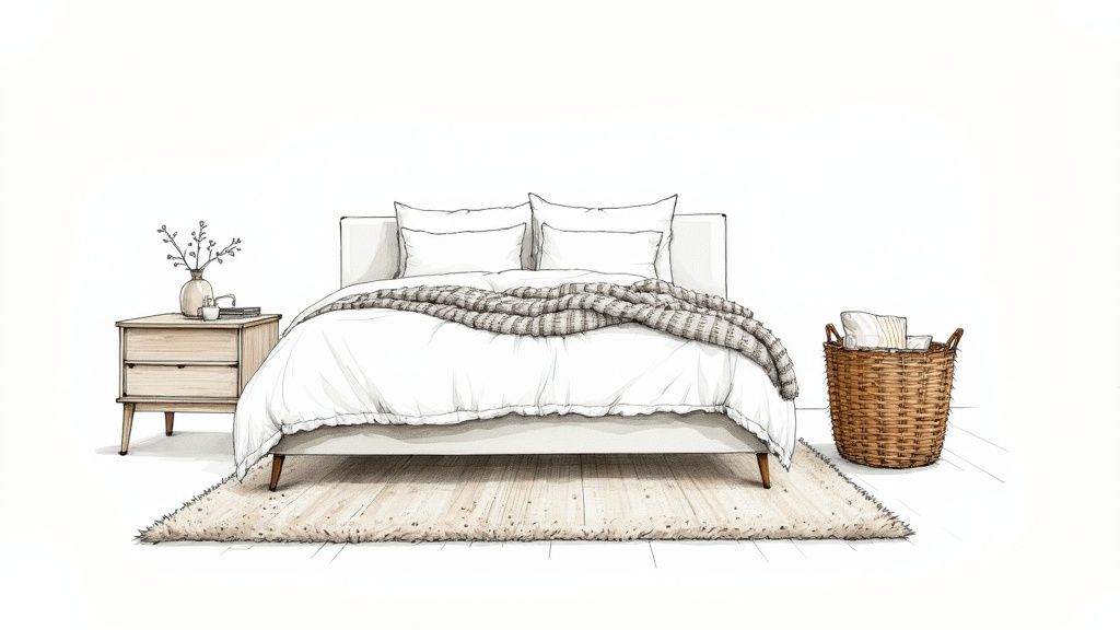 A minimalist bedroom featuring a white bed with a textured blanket, a wooden nightstand, and a woven rug.