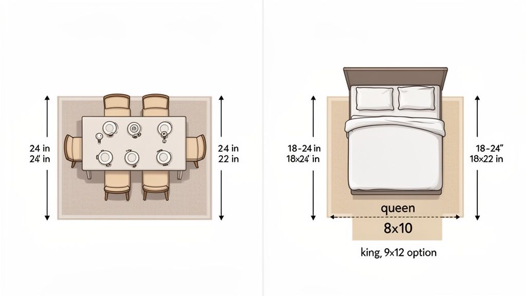 Diagrams illustrating proper rug sizes and placement for dining rooms and bedrooms with dimensions.