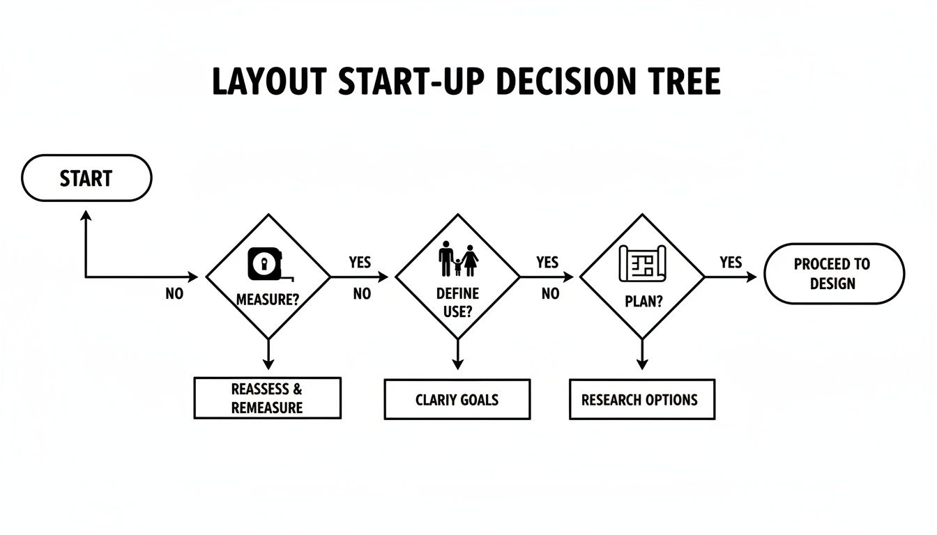 Flowchart for layout start-up decisions, covering steps like measure, define use, plan, and reassess.