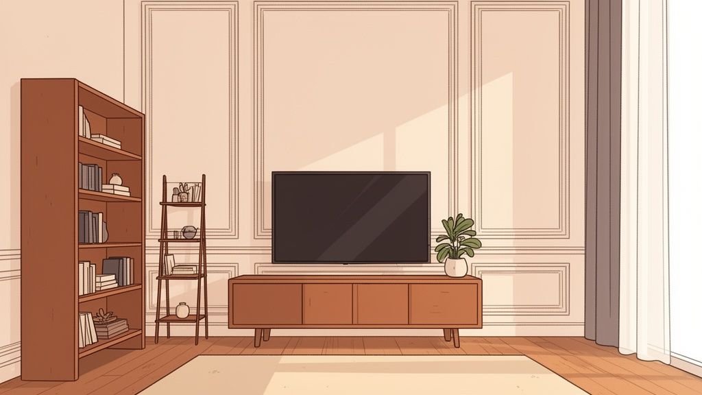 A cozy living room featuring a TV, tall bookshelves, and decorative wall panels, highlighting high ceilings.