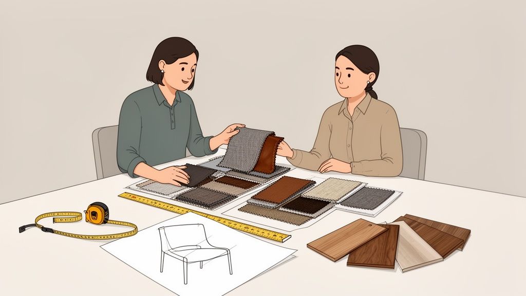 Two women are reviewing various fabric and wood samples for furniture design.