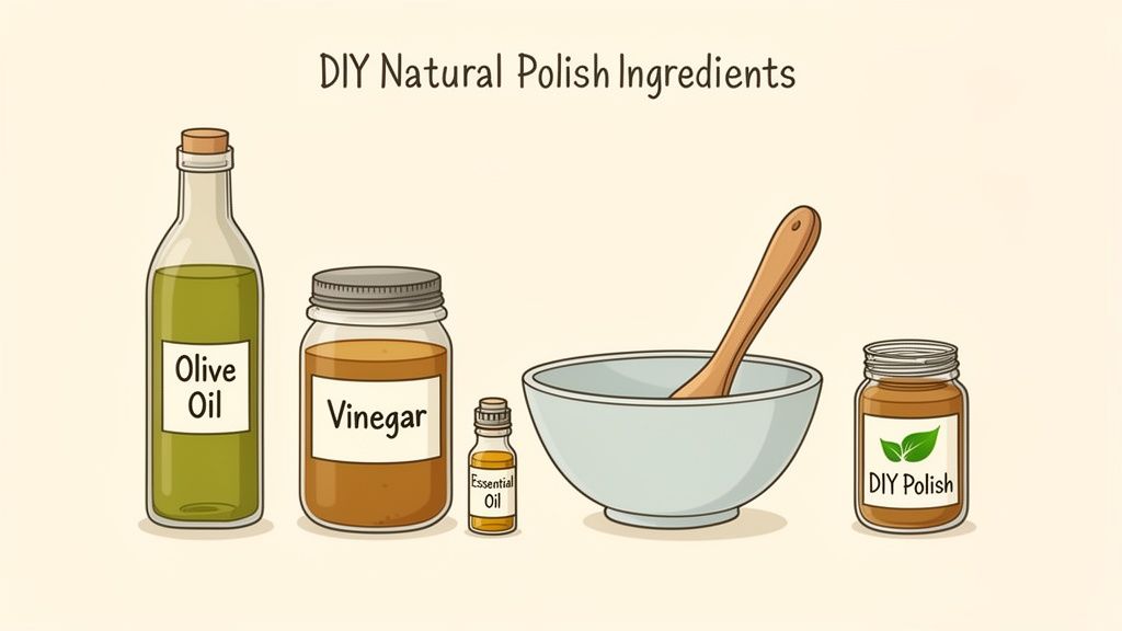 Illustration showing ingredients for DIY natural polish: olive oil, vinegar, essential oil, mixing bowl, and finished polish.