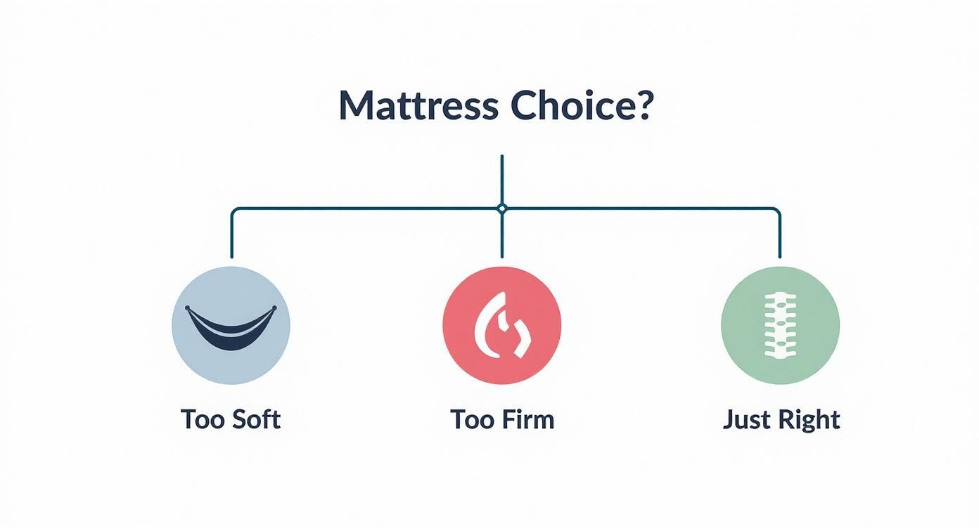 Infographic decision tree showing the outcomes of mattress firmness: Too Soft leads to a hammock effect, Too Firm leads to pressure points, and Just Right supports proper spinal alignment.