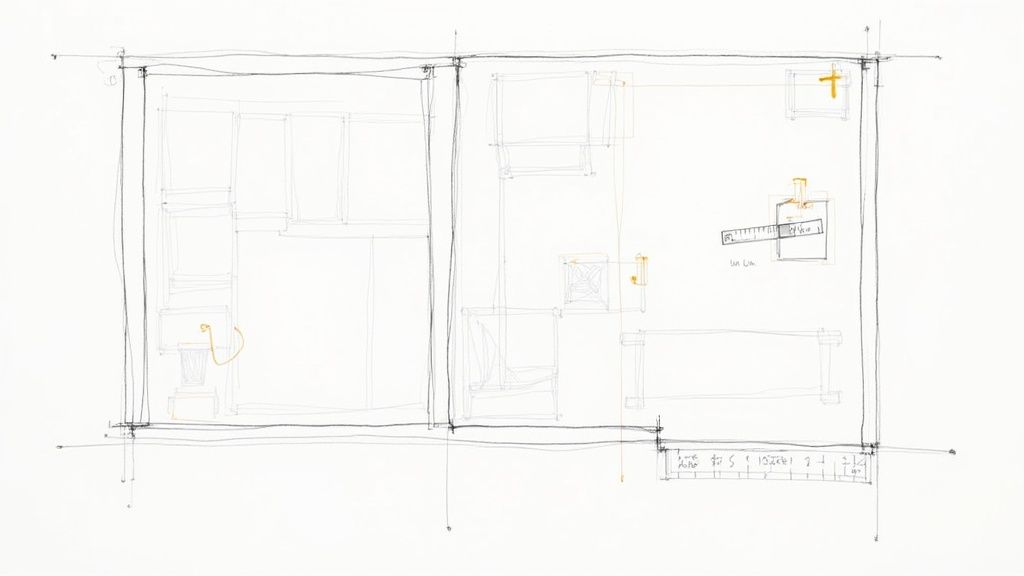 A person sketching a room layout on a notepad with a coffee cup and tape measure nearby.