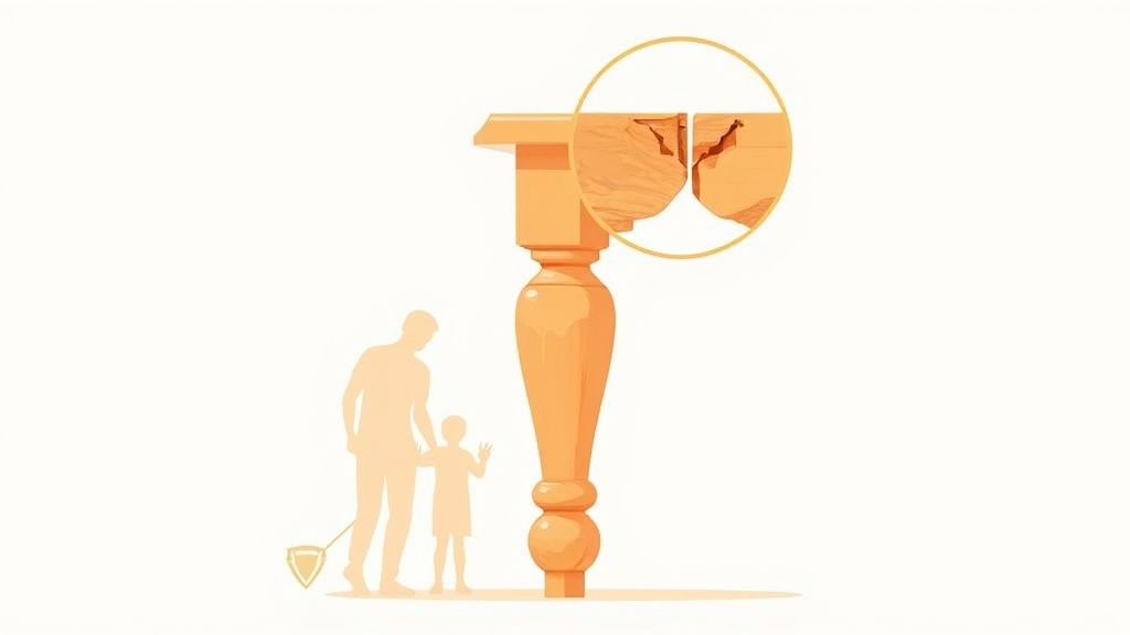 An illustration depicting a damaged wooden table joint with a magnified view, alongside a man and child.