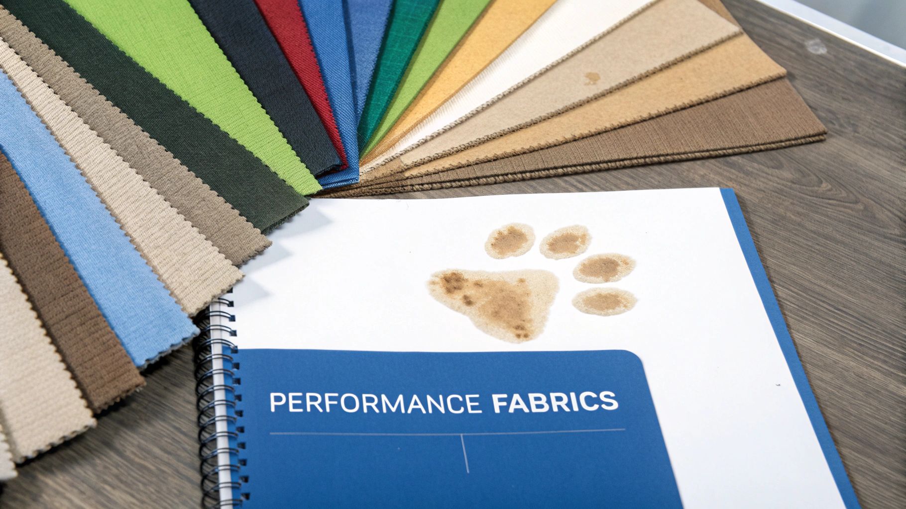 Colorful fabric swatches are fanned out next to a notebook with 'PERFORMANCE FABRICS' and paw print stains.
