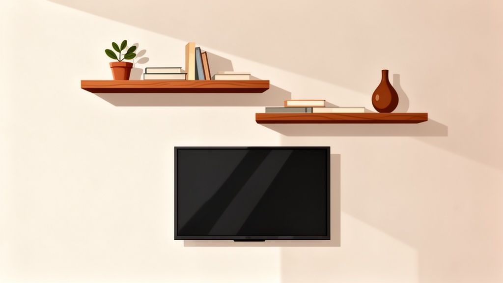 Modern living room wall with a TV and two wooden shelves styled with books and decor.