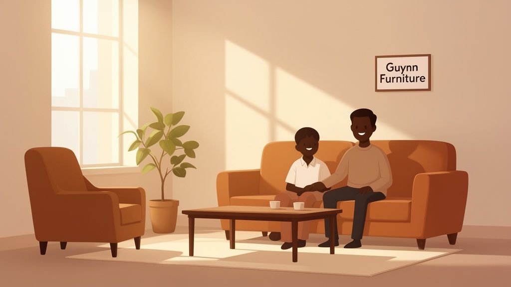 Father and son sitting on a brown couch in a sunlit living room, with a coffee table, armchair, and plant.