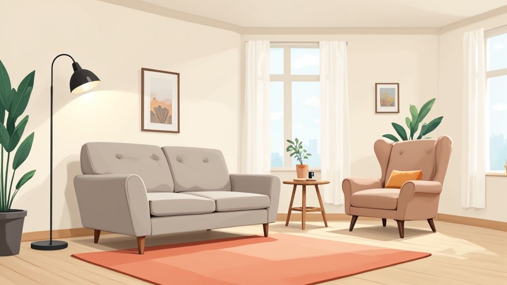 A stylish living room with a perfectly sized area rug, layered lighting, and tasteful decor on the shelves.