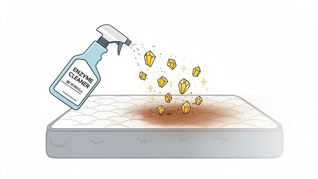 Enzyme cleaner spray bottle cleans a dirty mattress, with golden crystals representing activated enzymes.