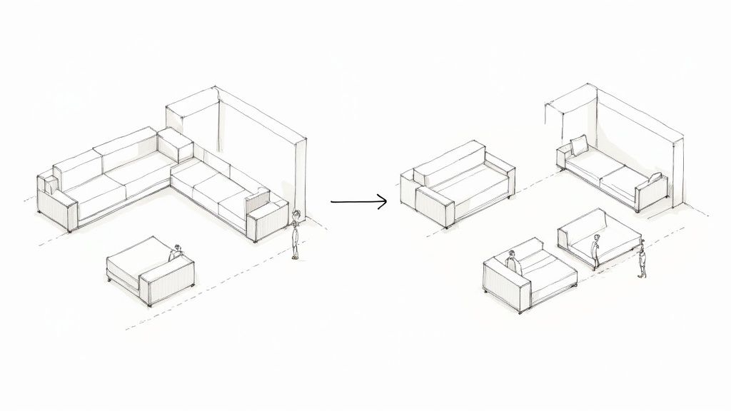 Illustration of modular furniture, an L-shaped sofa disassembling into individual sofas and an ottoman.