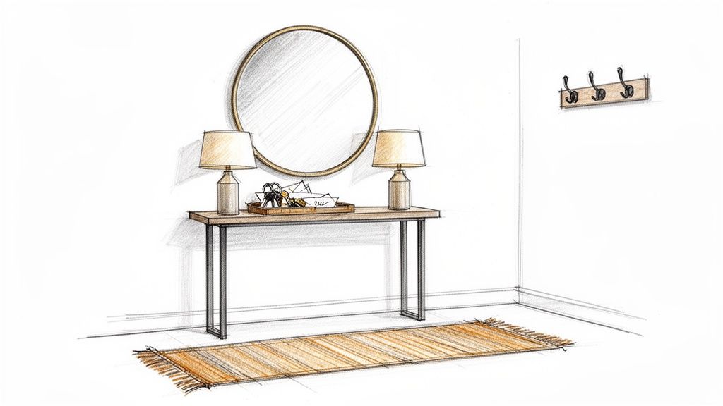 A sketched illustration of an entryway featuring a console table, round mirror, two lamps, and a rug.