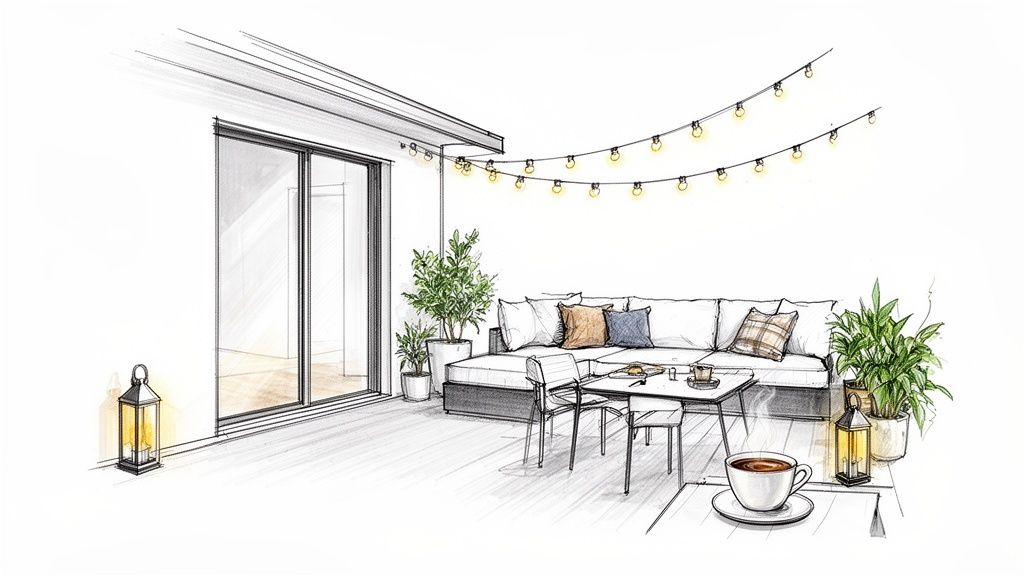 An inviting outdoor patio design sketch featuring a sofa, dining area, string lights, and potted plants.