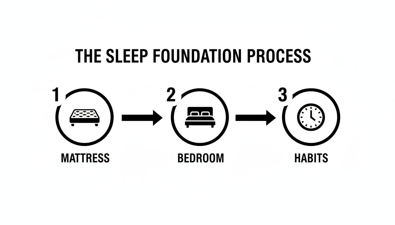 A diagram illustrating 'The Sleep Foundation Process' with three steps: Mattress, Bedroom, and Habits.