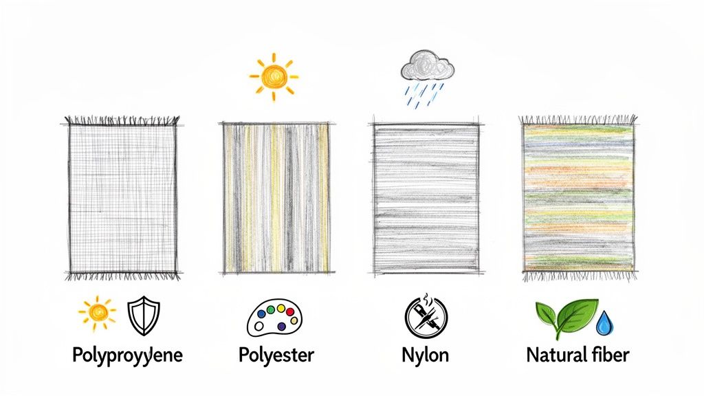 Infographic comparing polypropylene, polyester, nylon, and natural fiber rugs, highlighting their unique material properties.