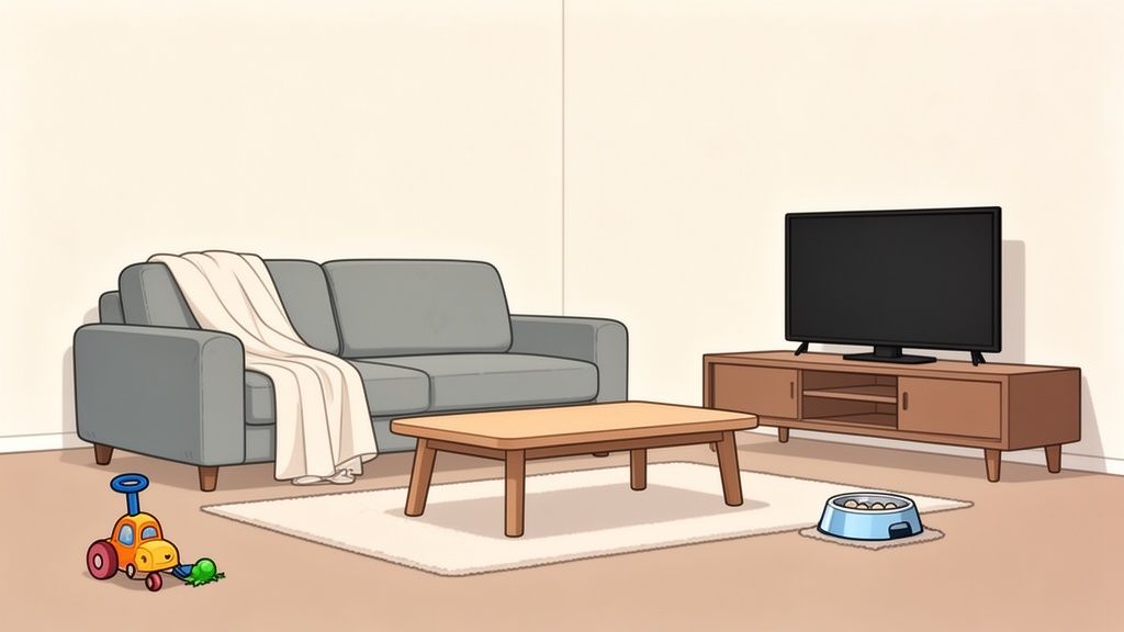 A minimalist living room with a grey sofa, coffee table, TV, child's toy, and pet bowl.