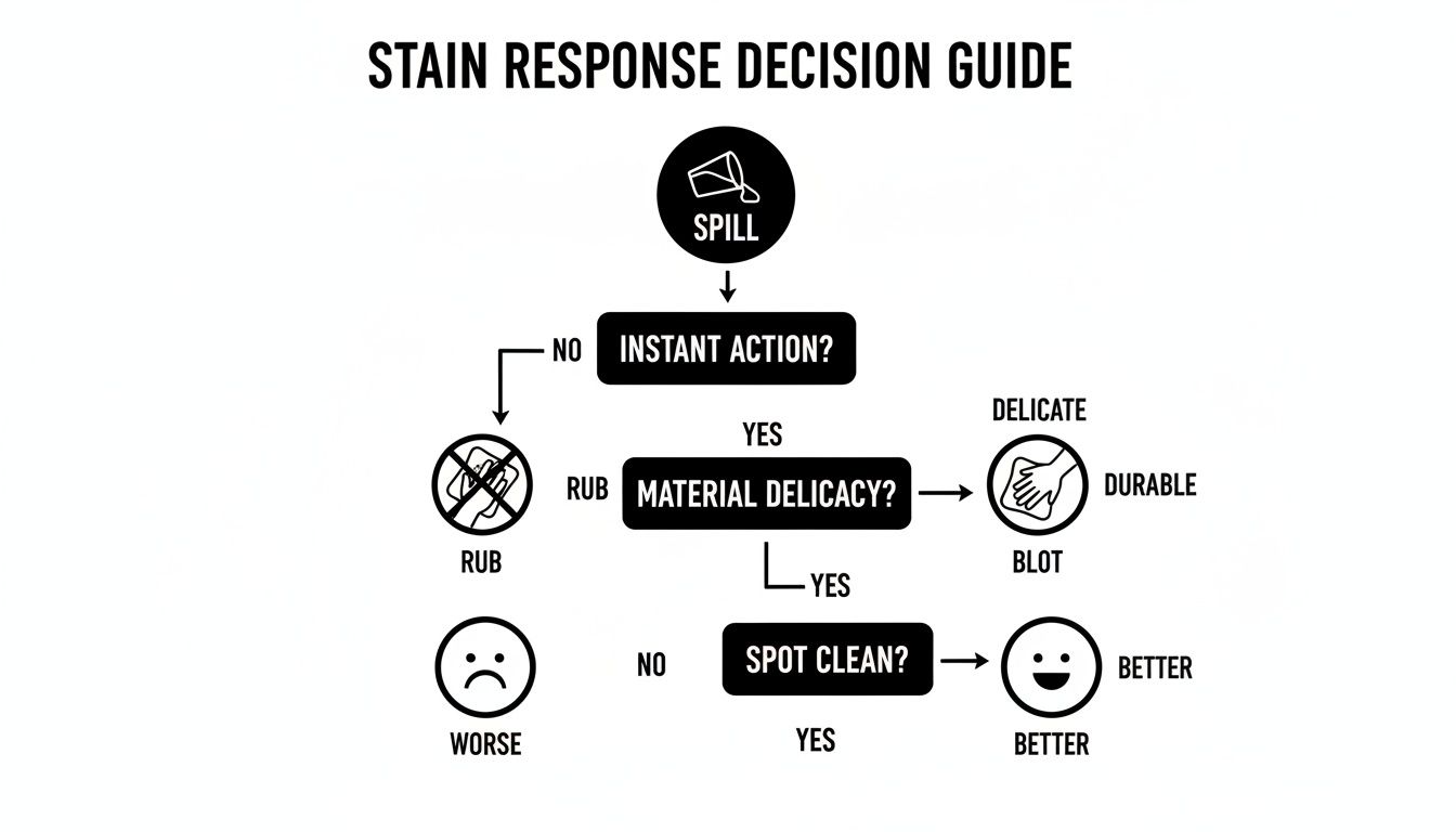 A stain response decision guide flowchart showing steps like instant action, material delicacy, and spot cleaning for spills.