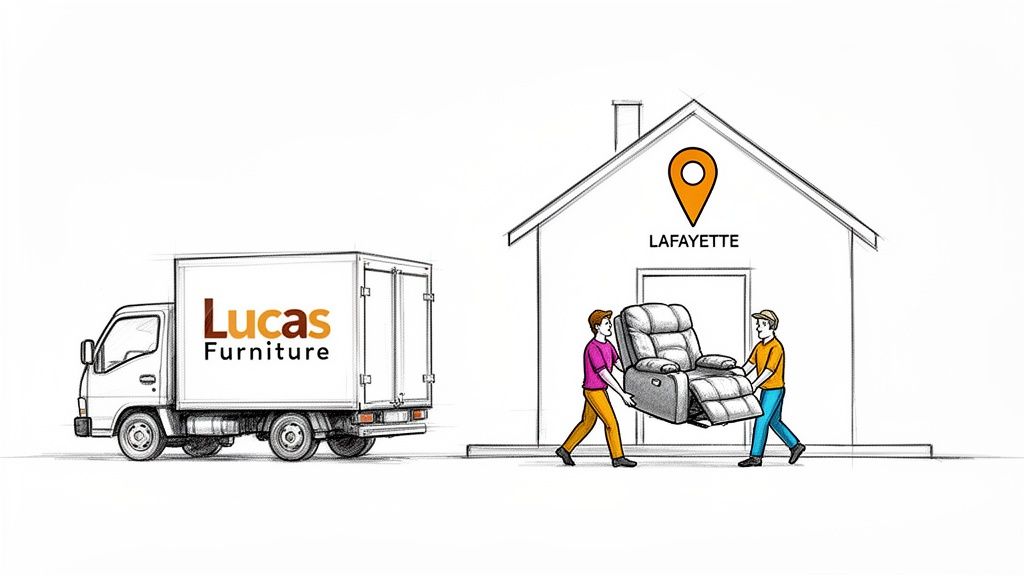Lucas Furniture delivery truck and two men carrying a power recliner into a house in Lafayette.