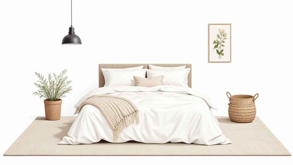A minimalist white farmhouse bedroom featuring a bed with white linens, a potted plant, and a woven basket.