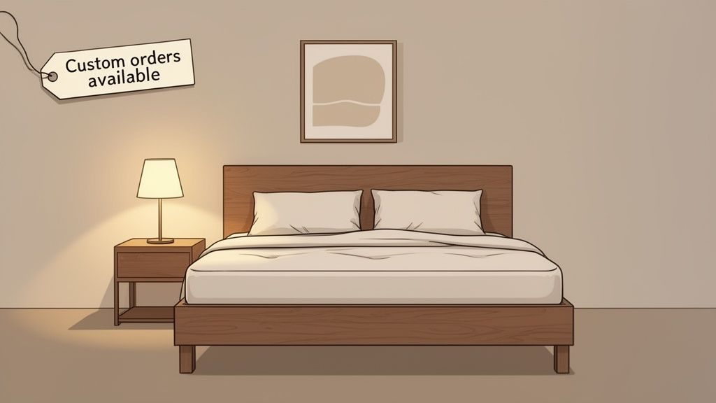 A minimalist bedroom featuring a wooden bed, white bedding, a bedside table with a lamp, and framed wall art.