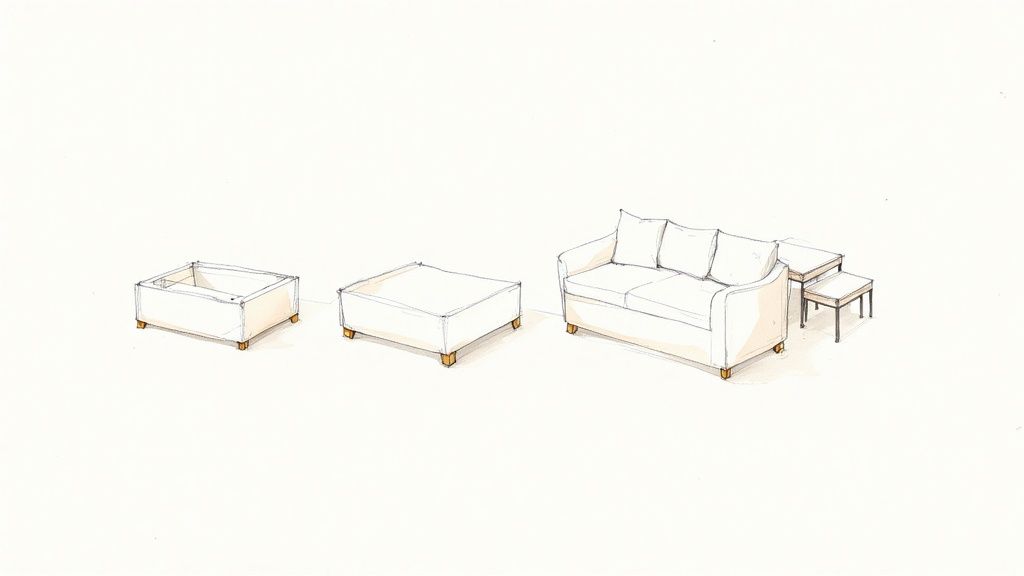 Furniture design sketches showing progressive assembly of white sofa with wooden legs and side table