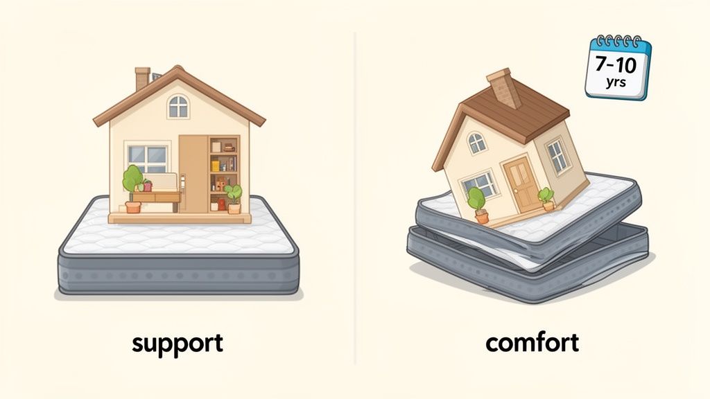 Illustrations comparing firm mattress support (level house) and soft mattress comfort (tilted house), with a 7-10 year replacement reminder.