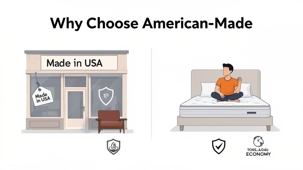 Graphic illustrating reasons to choose American-made products, showing a store and a person on a mattress.