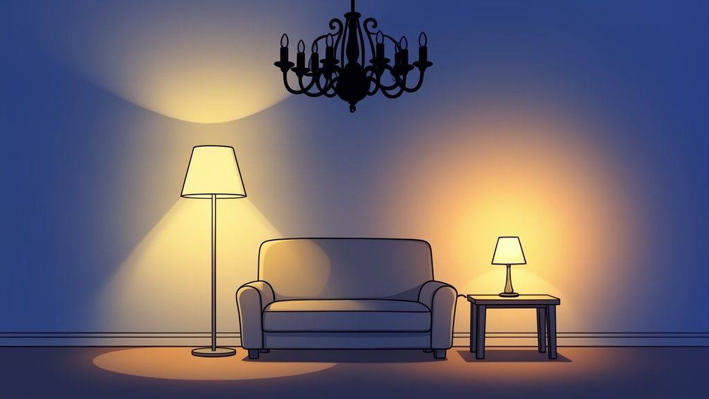 A cozy living room at night illuminated by a floor lamp, table lamp, and chandelier.