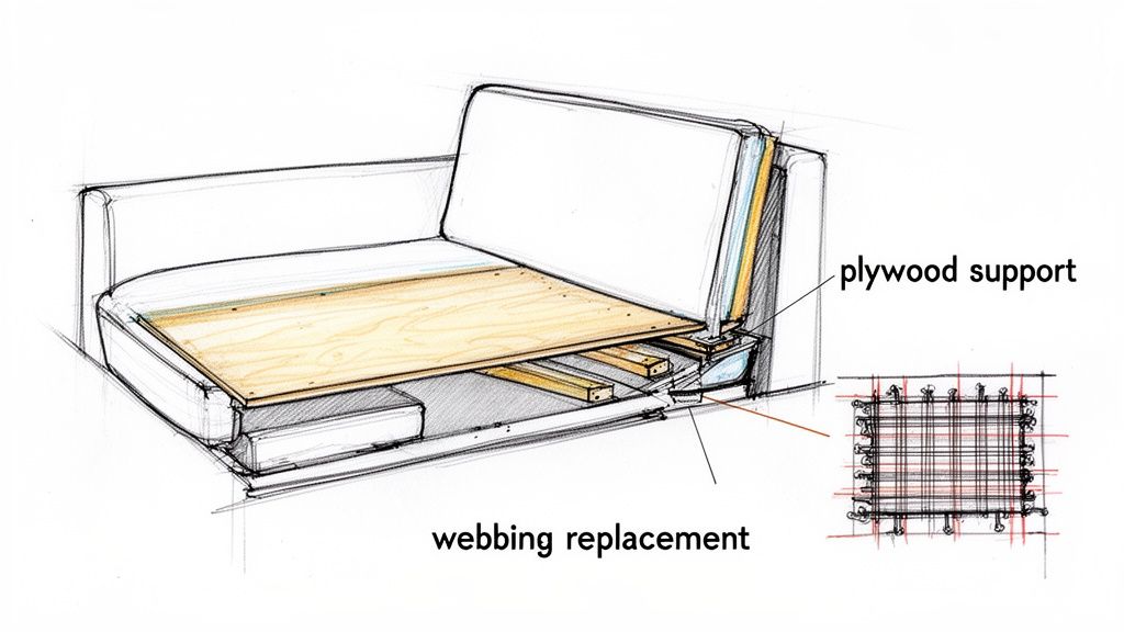 Detailed diagram illustrating internal couch repair with plywood support and webbing replacement.