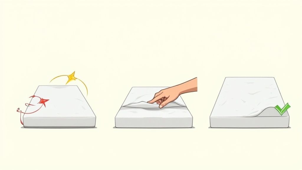 A person rotating a mattress on a bed frame to even out wear.