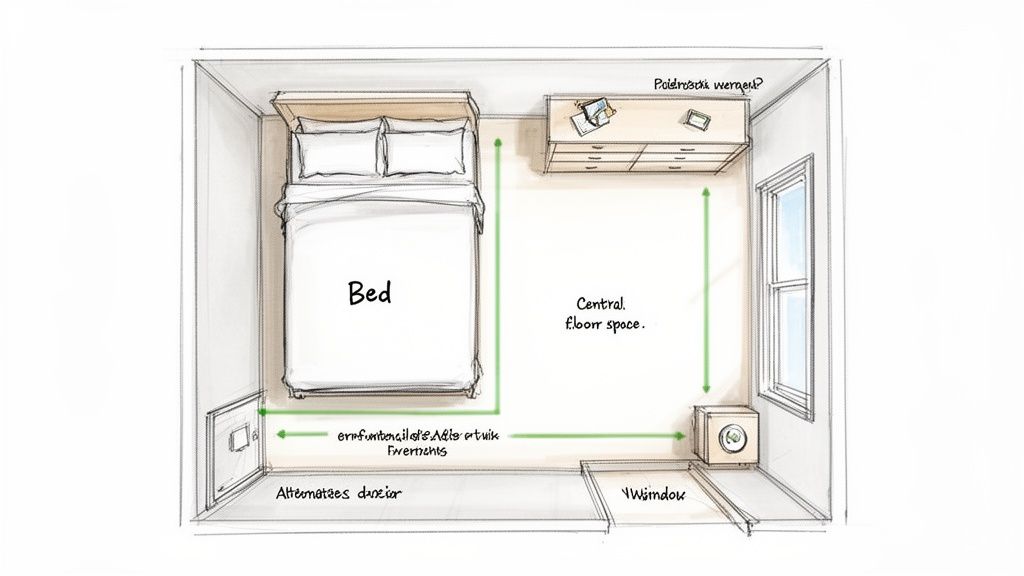 A top-down sketch showing an optimized small bedroom layout with bed, dresser, window, and clear floor space.