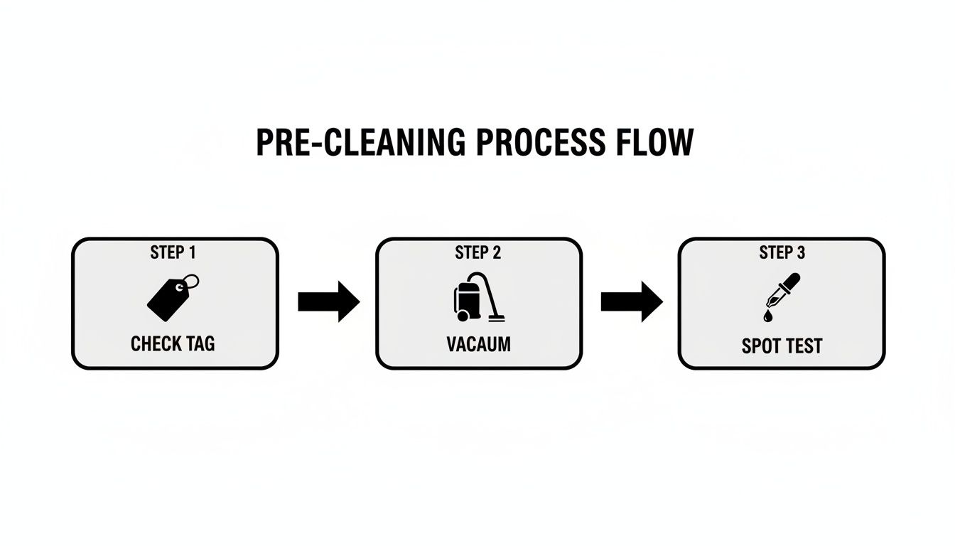 A pre-cleaning process flow diagram showing three steps: check tag, vacuum, and spot test.
