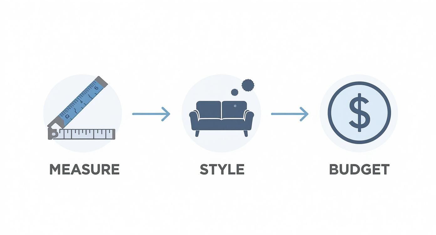 Infographic showing a process for purchasing a sofa: measure dimensions, choose style, and set budget.