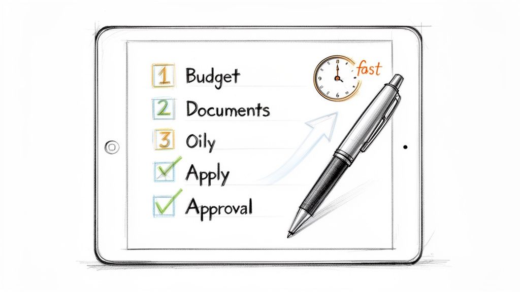 Hand-drawn tablet with a checklist for budget, documents, application, and approval, showing a fast process.