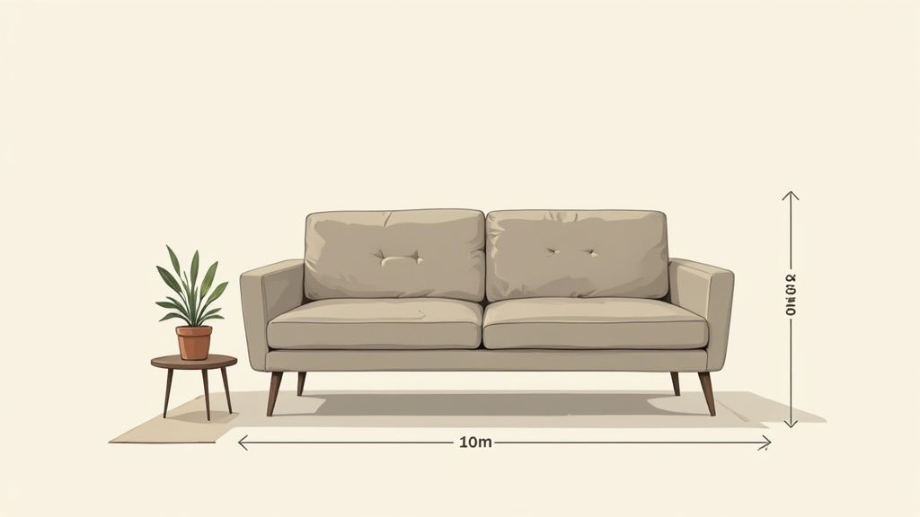 A minimalist two-seater beige sofa with a small potted plant on a side table, showing dimensions.