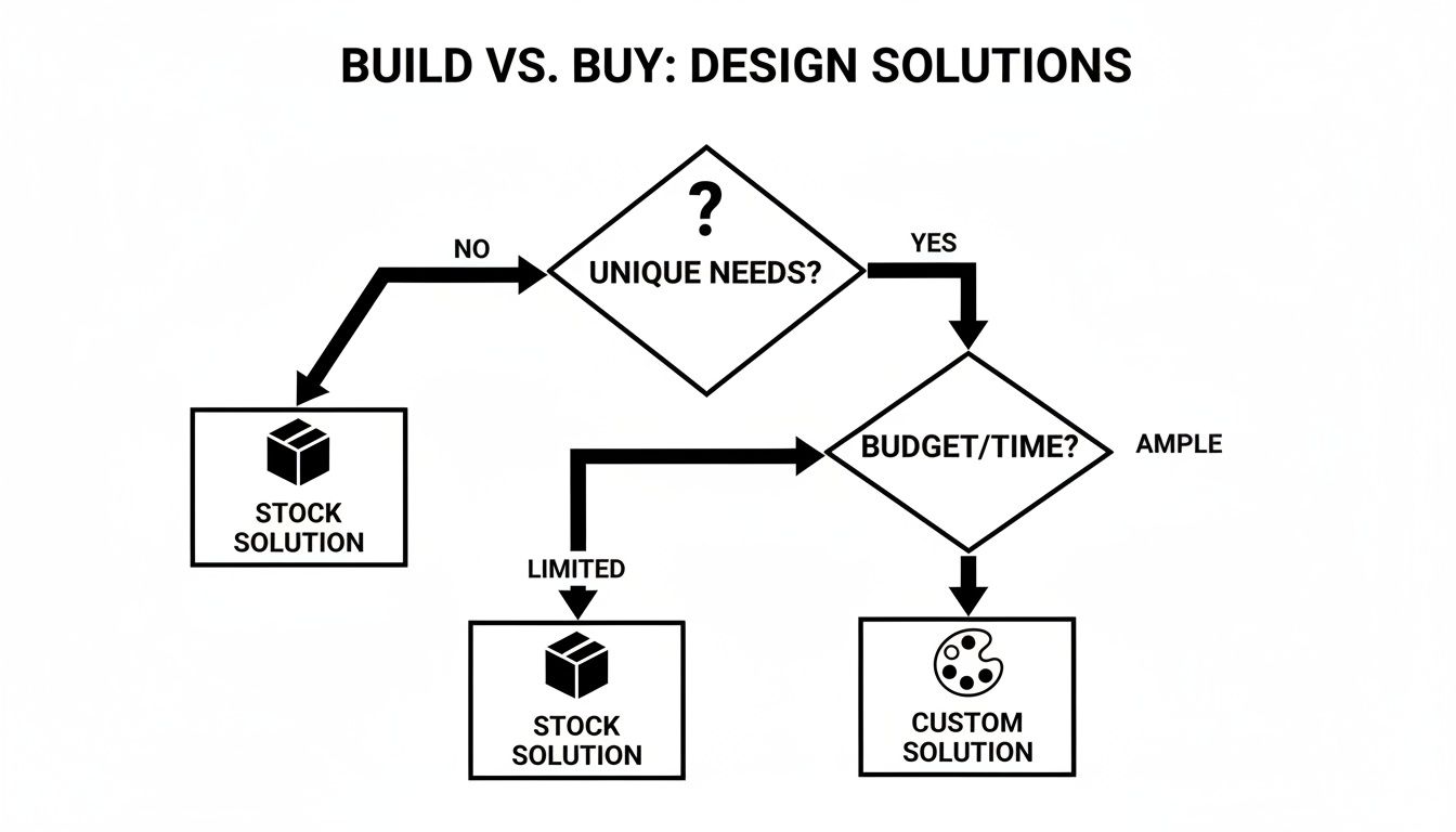 Flowchart for design solutions: build vs. buy, considering unique needs, budget, and time.