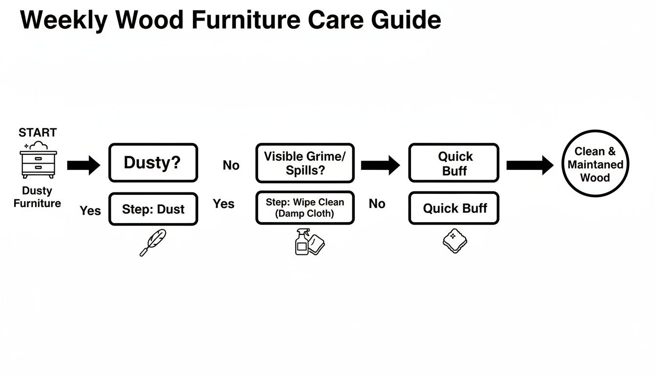 Flowchart guiding weekly wood furniture care steps, including dusting, cleaning, and buffing.