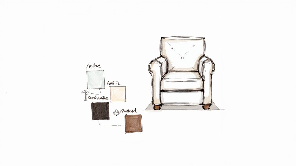 Hand-drawn sketch of an armchair alongside various color swatches labeled with different leather finishes.