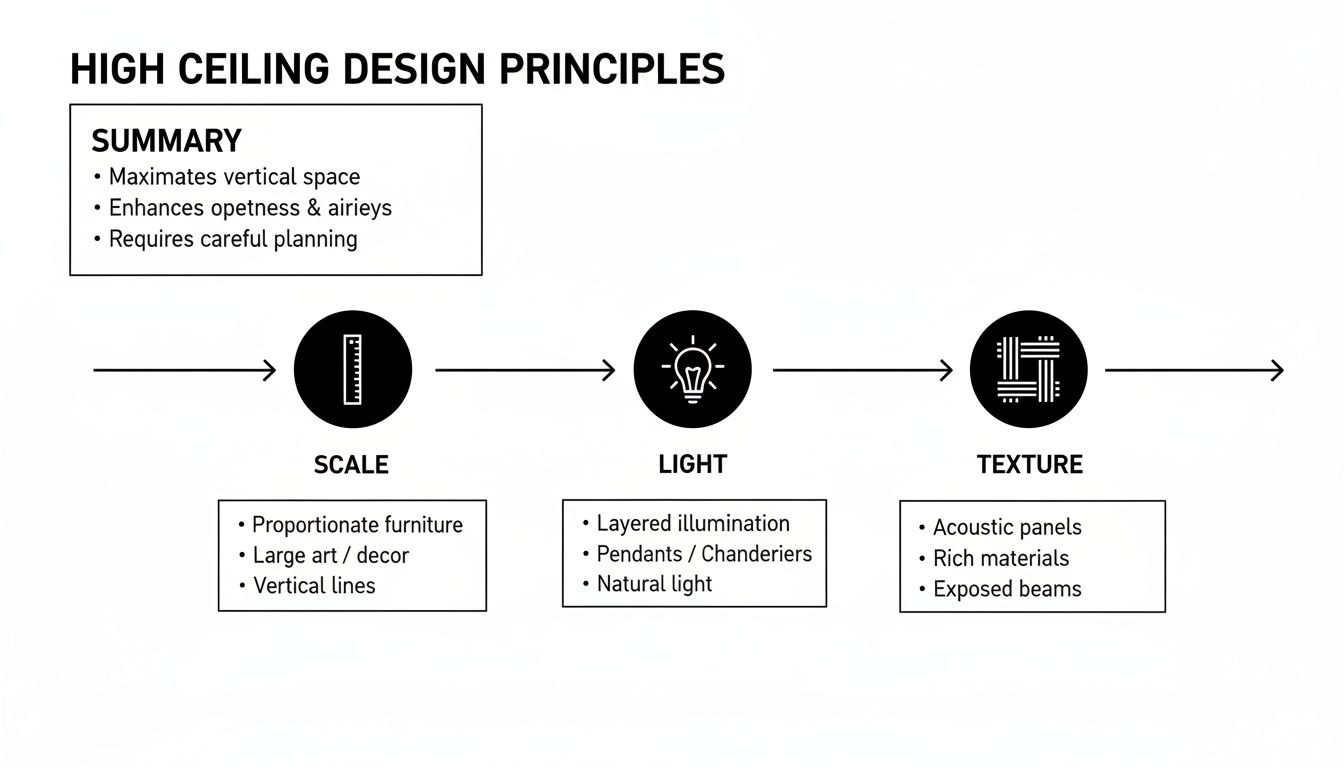 Infographic outlining high ceiling design principles: scale, light, and texture with practical advice.