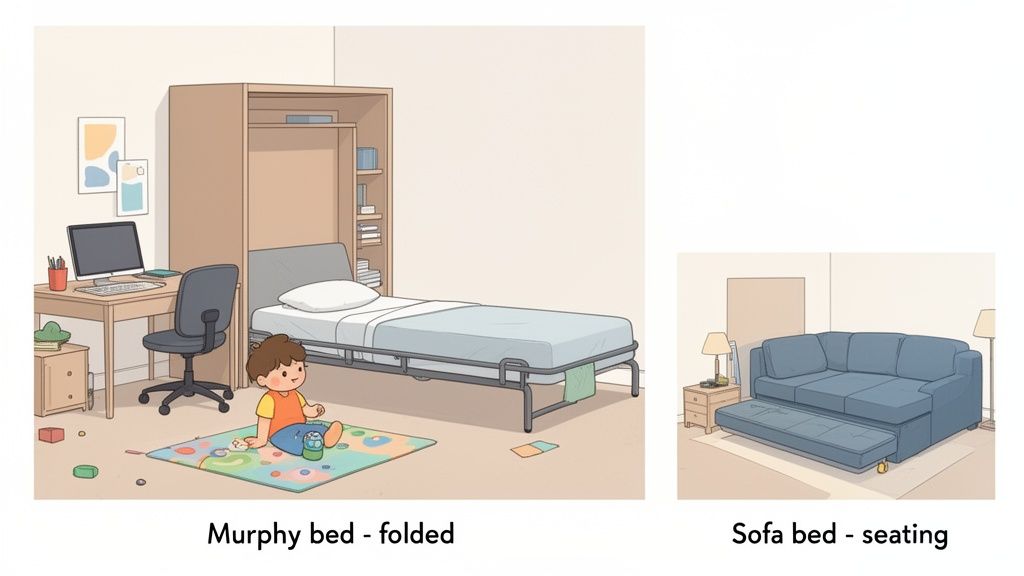 Illustration comparing an unfolded Murphy bed in a room with a child, and a blue sofa bed.