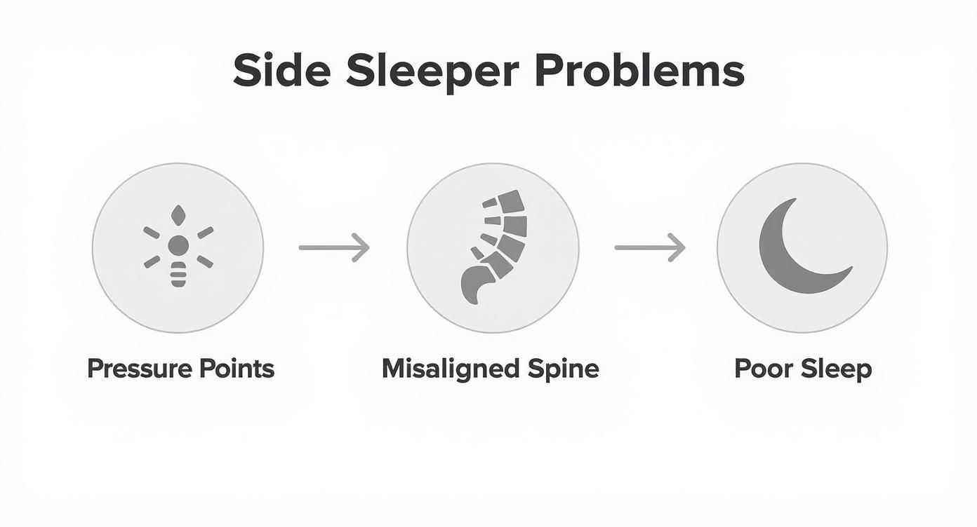 An infographic illustrates the problems faced by side sleepers: pressure points lead to spinal misalignment and poor sleep.