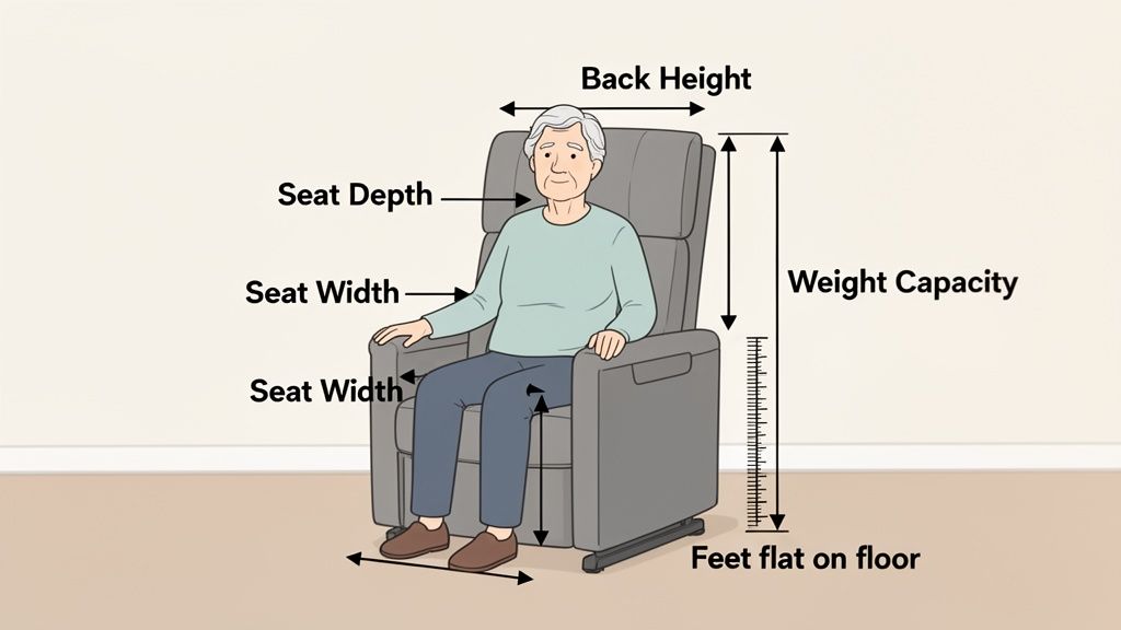 Diagram illustrating proper fit and key measurements for a lift chair, featuring an elderly individual.