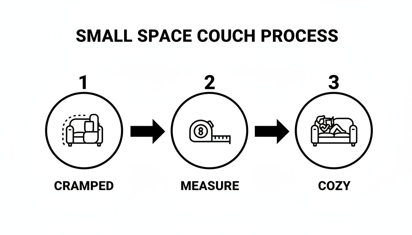 Infographic illustrating the three-step small space couch process: cramped, measure, and cozy.
