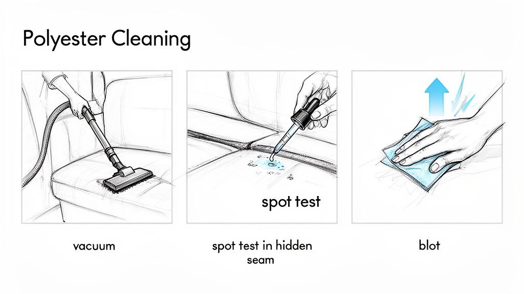A visual guide illustrating three steps for cleaning polyester furniture: vacuuming, spot testing, and blotting.