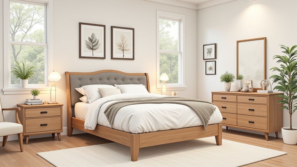 A bright, contemporary bedroom featuring a wooden bed with an upholstered headboard, matching nightstand, and dresser.