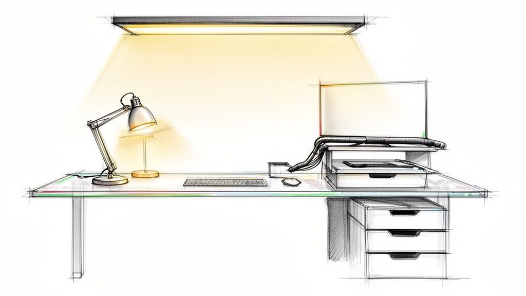 A detailed sketch of a well-lit home office desk setup, featuring a computer, task lamp, and storage.