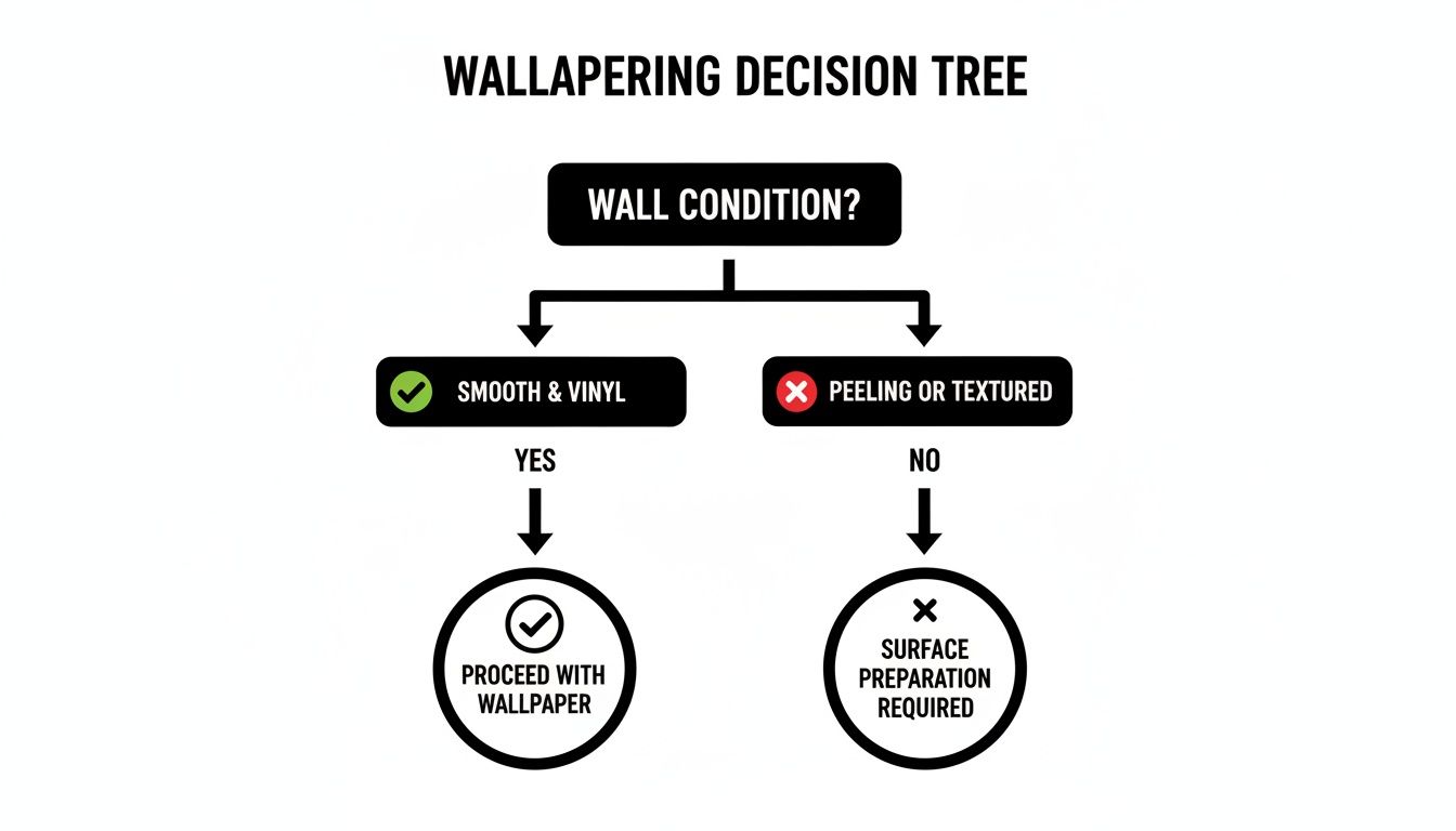 A wallapering decision tree flowchart, guiding whether to proceed with wallpaper based on wall condition.