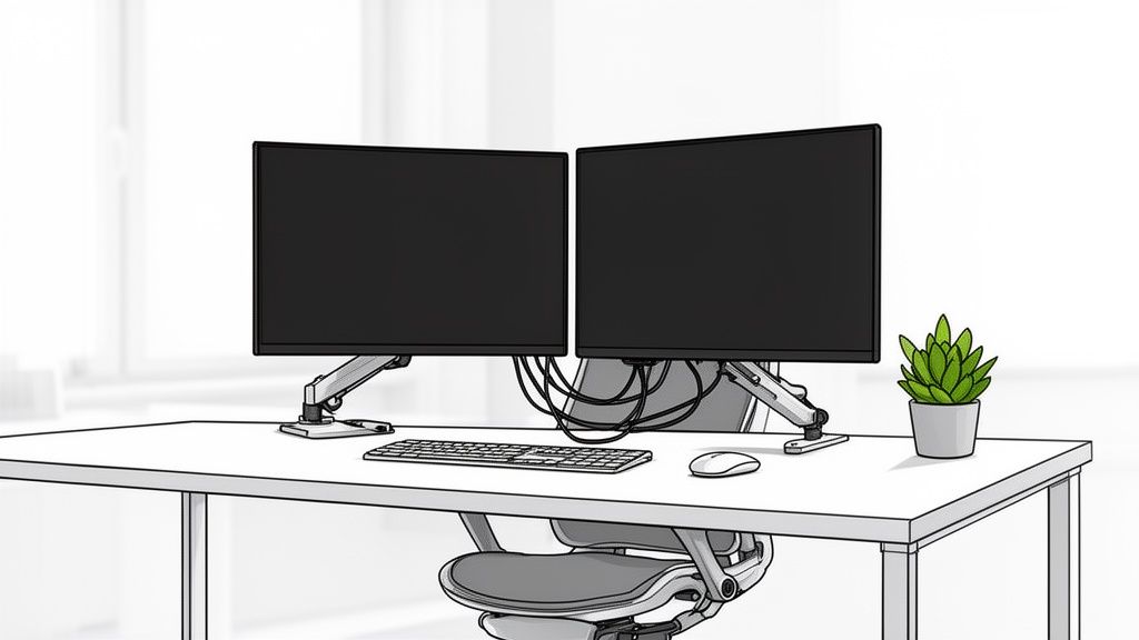 A minimalist, modern dual monitor desk setup in a bright home office environment.