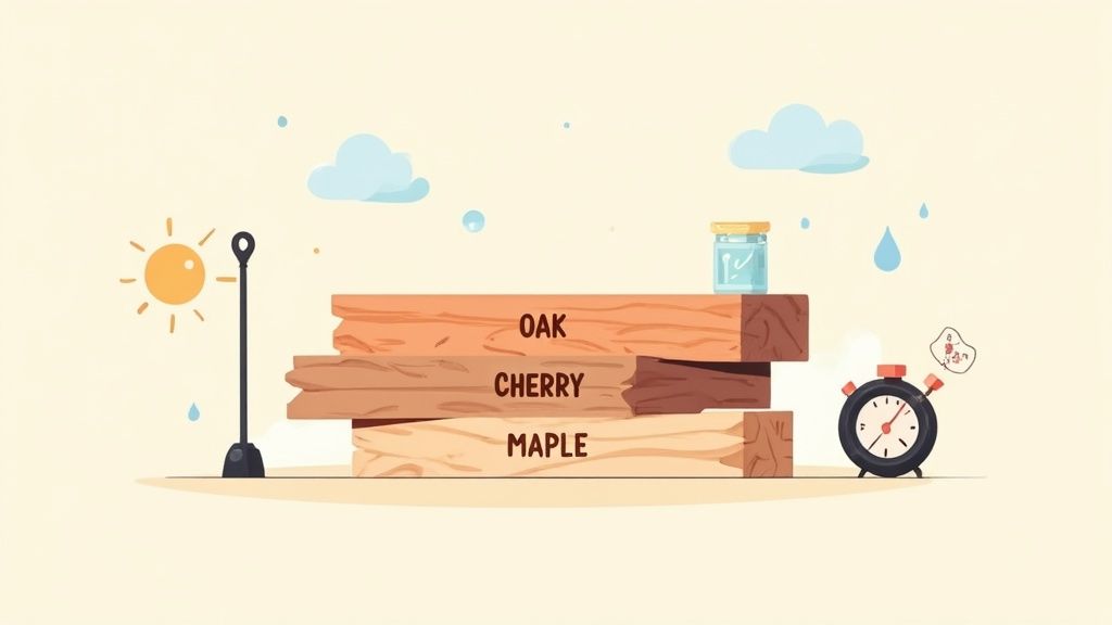 Stack of oak, cherry, and maple wood planks displaying different wood types for furniture making