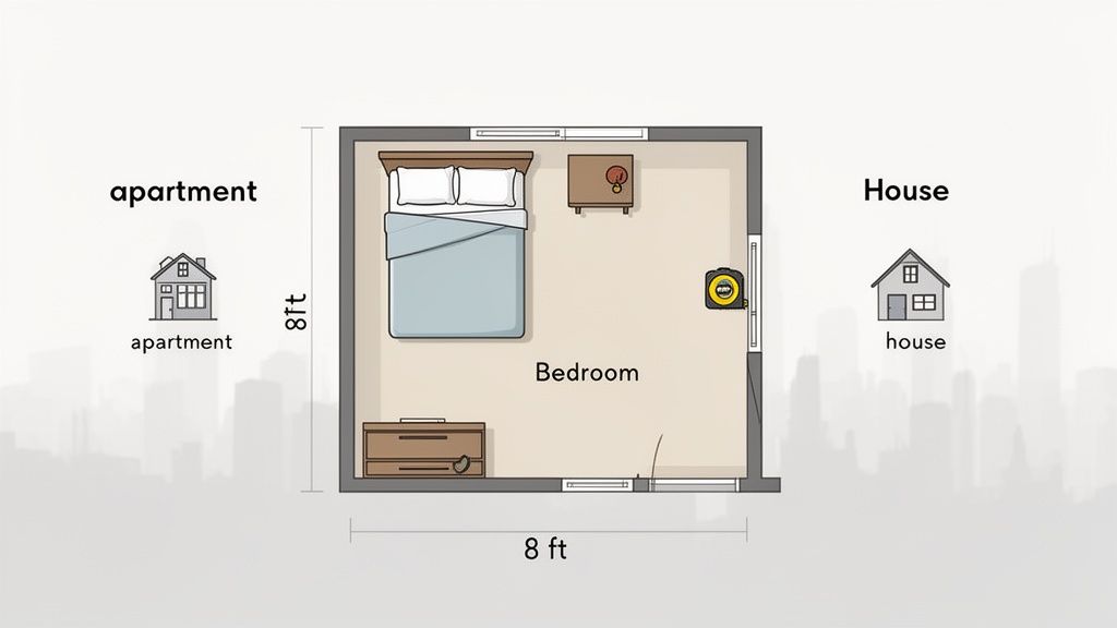 Floor plan of an 8x8 ft bedroom with a bed, nightstand, and dresser, labeled 'Bedroom'.
